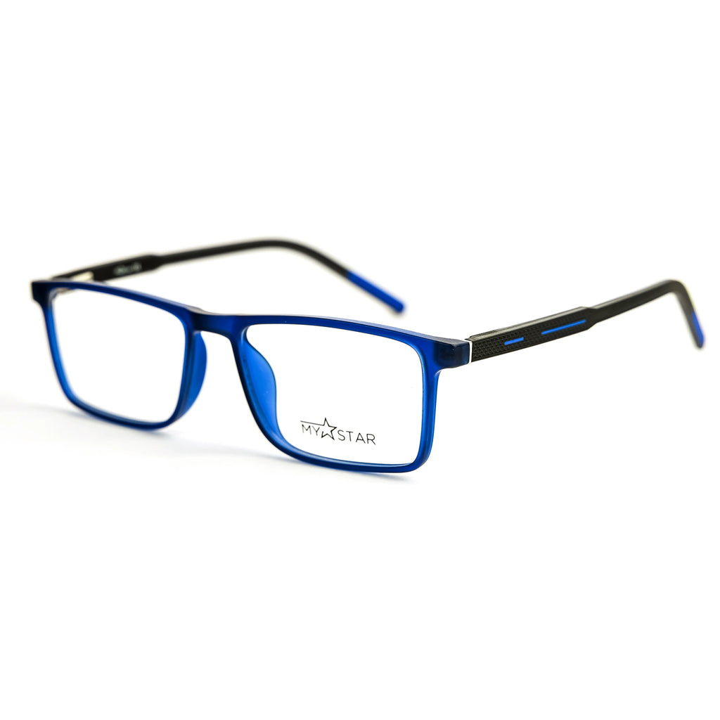 Blue eyeglasses with black frames on a white background