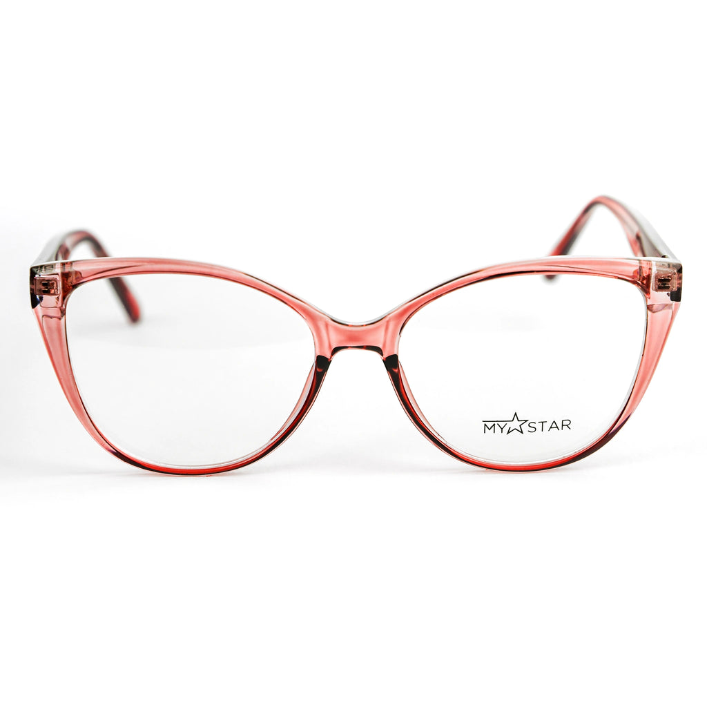 Pink eyeglasses with 'MYSTAR' logo on a white background