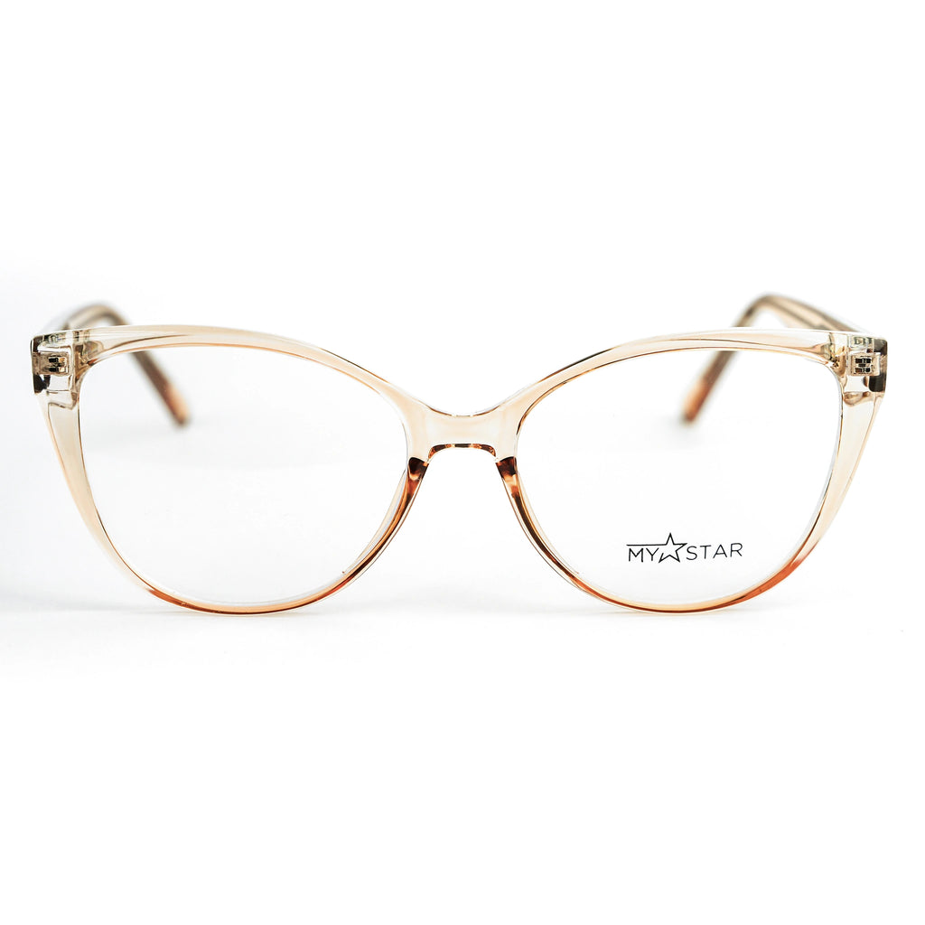 Gold cat-eye glasses with 'MyStar' branding on a white background