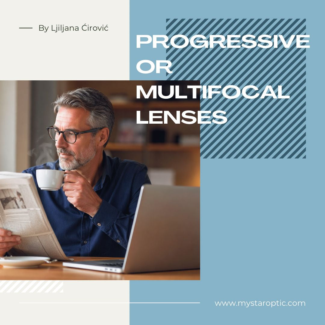 Man reading a newspaper with a laptop, promotional text for progressive or multifocal lenses.
