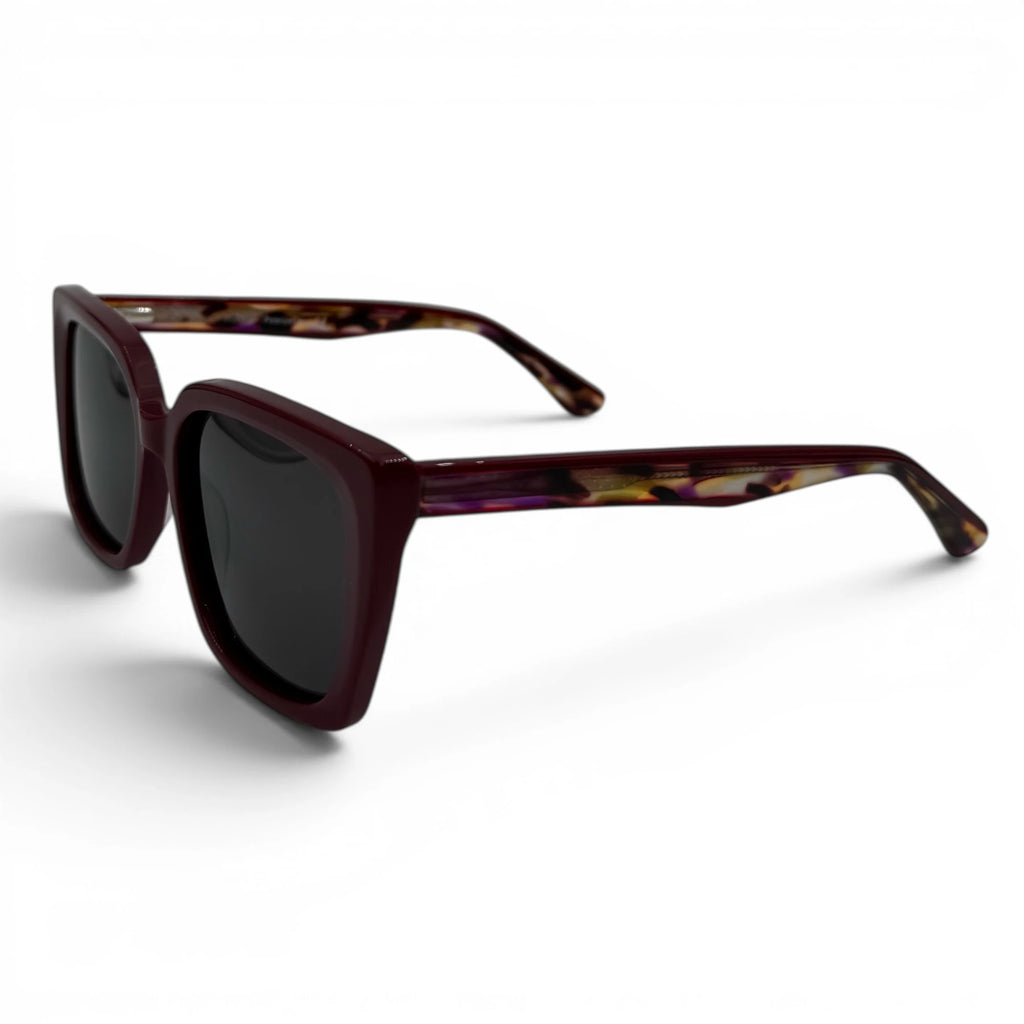 Sunglasses with tortoiseshell frame and dark lenses on a white background