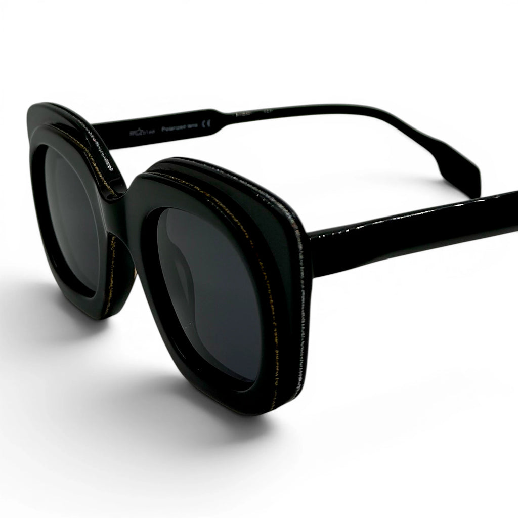 Black sunglasses with a glossy finish on a white background
