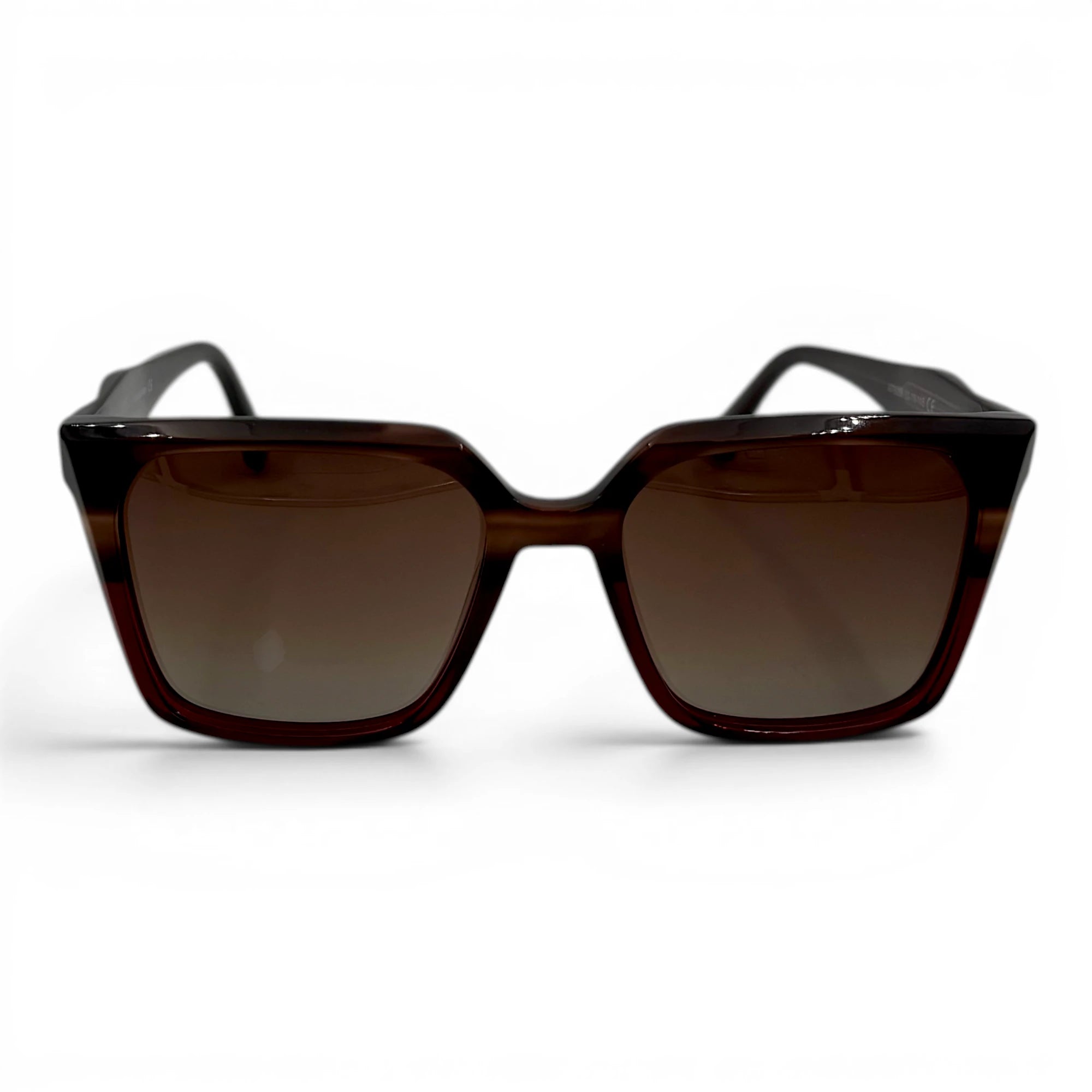 Brown sunglasses with a black frame on a white background
