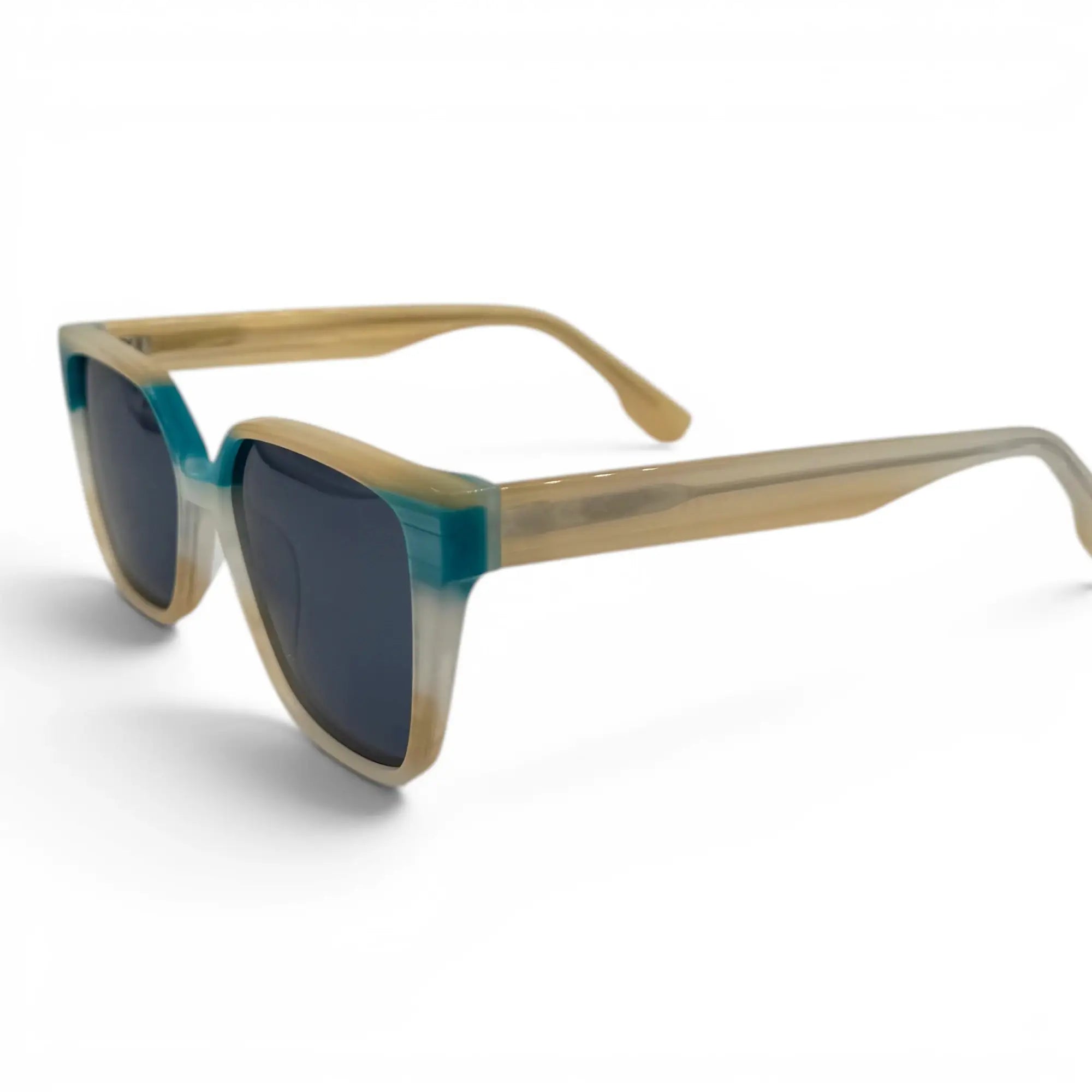 Sunglasses with wooden frame and blue lenses on a white background