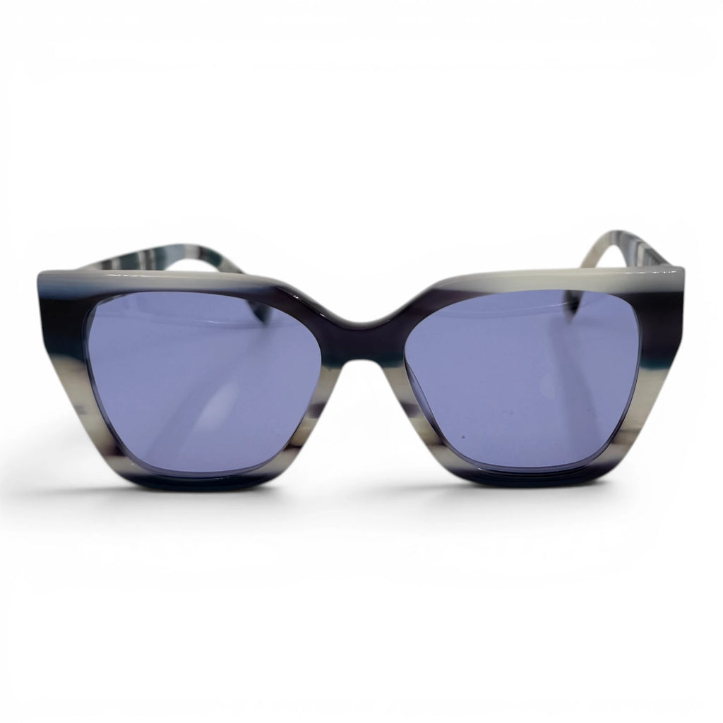 Sunglasses with a black frame and blue lenses on a white background