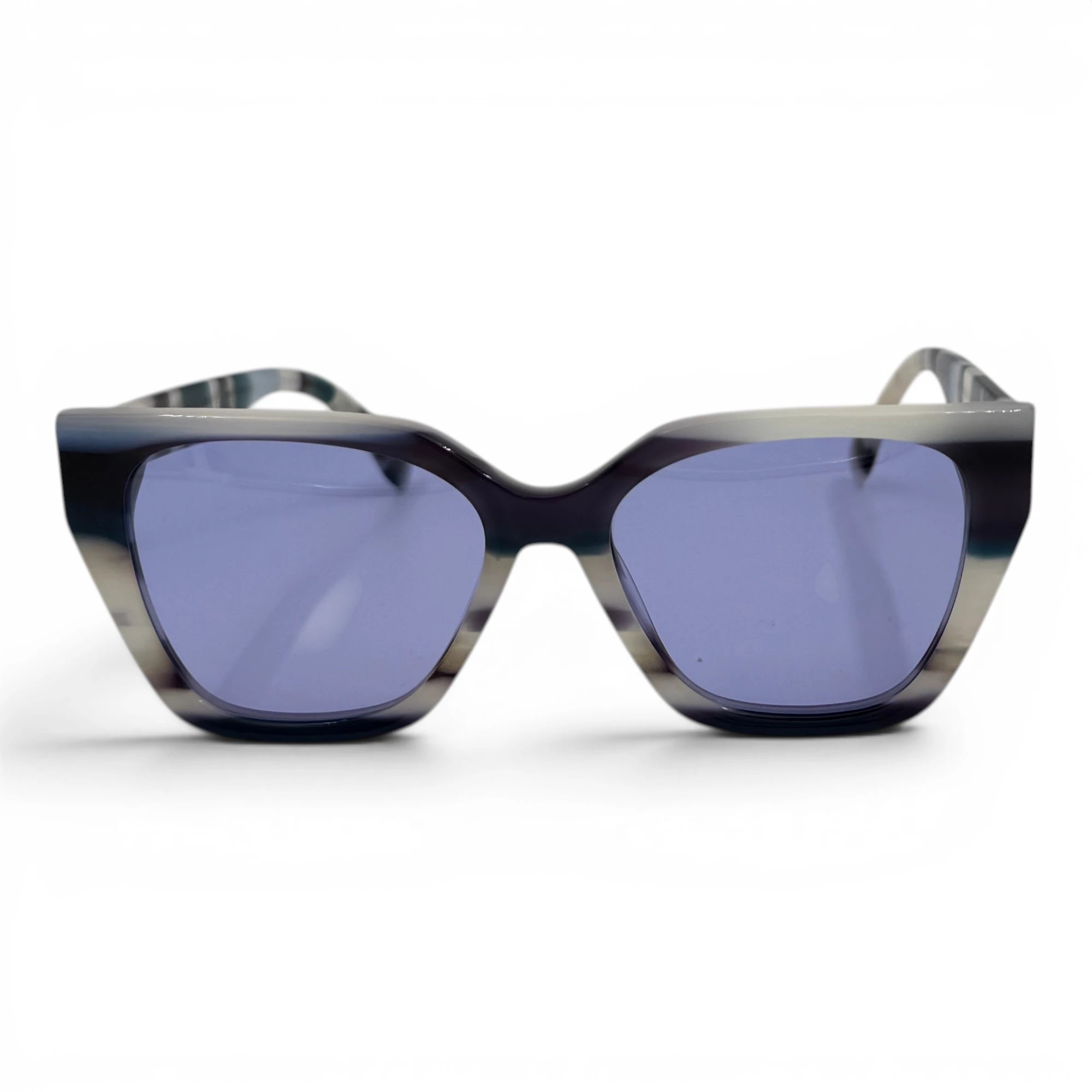 Sunglasses with a black frame and blue lenses on a white background