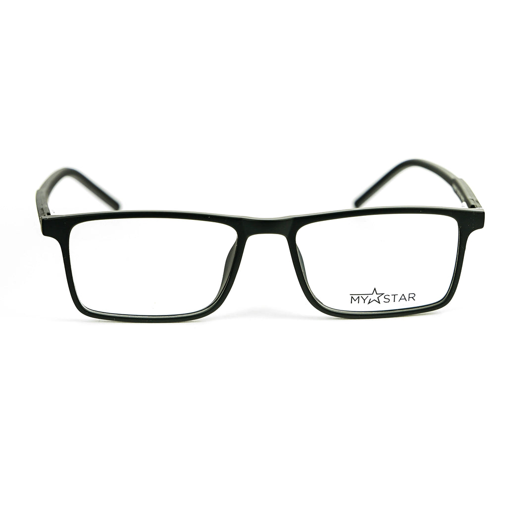 Black eyeglasses with 'MYSTAR' logo on a white background