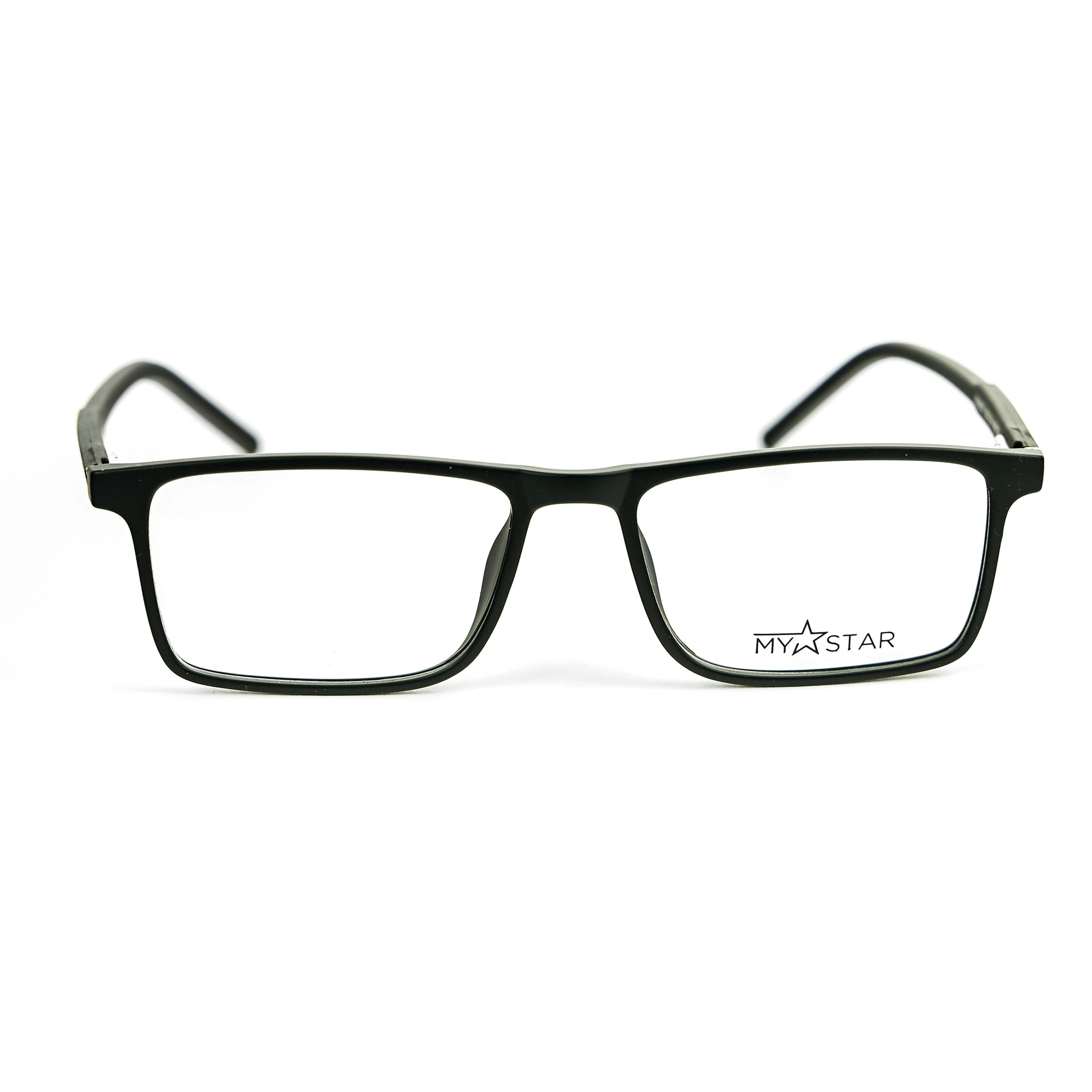 Black eyeglasses with 'MYSTAR' logo on a white background