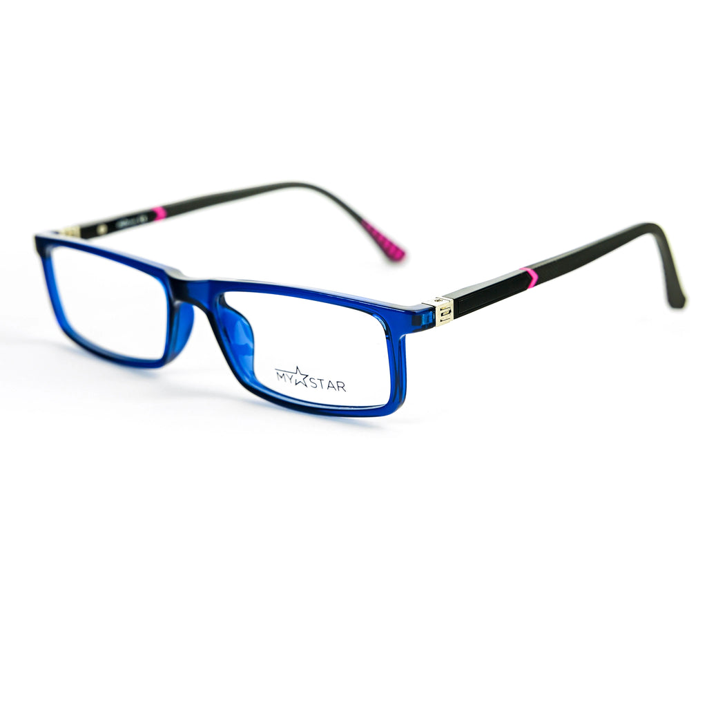 Blue eyeglasses with black and pink accents on a white background