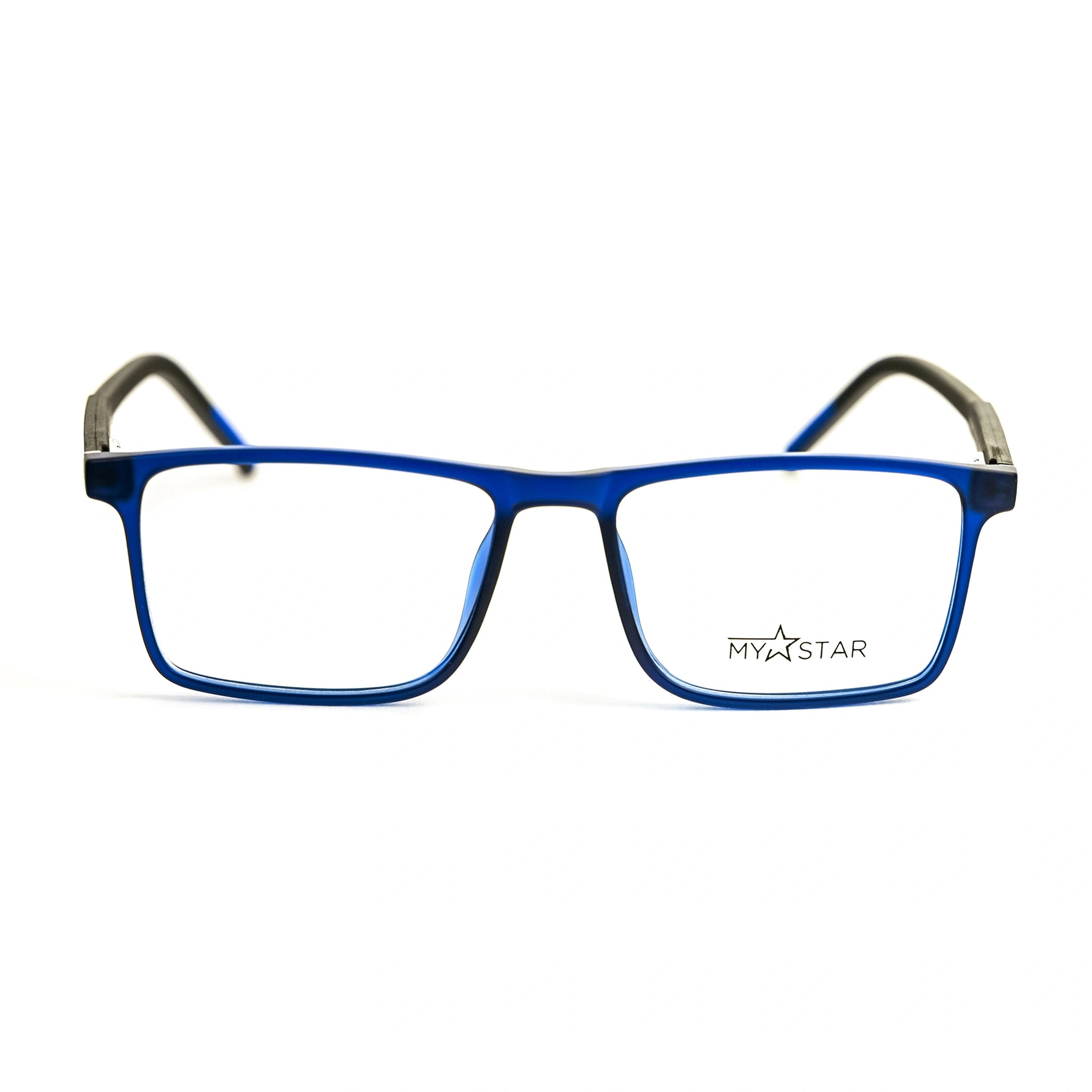 Blue eyeglasses with a brand logo on a white background