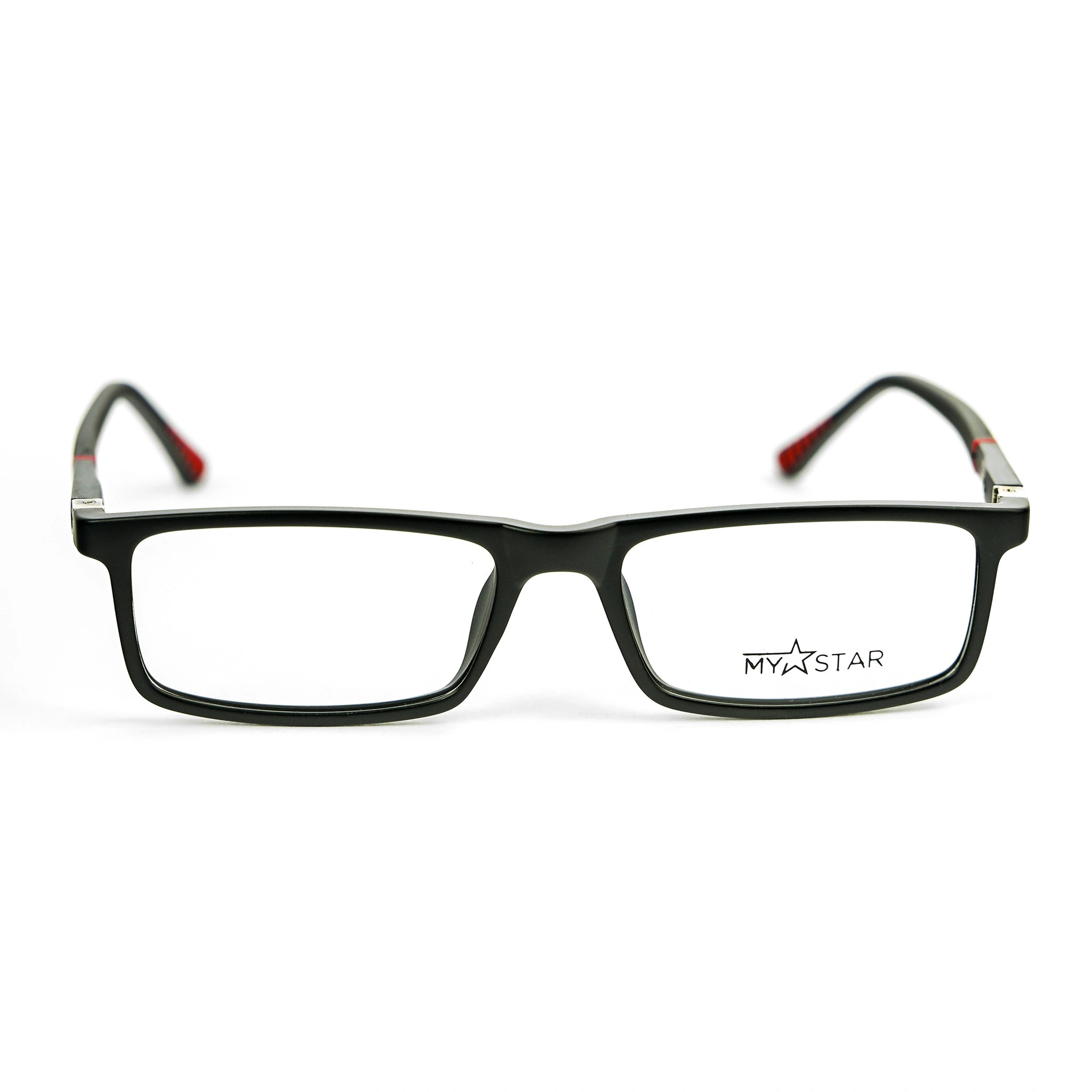 Black eyeglasses with red accents on a white background