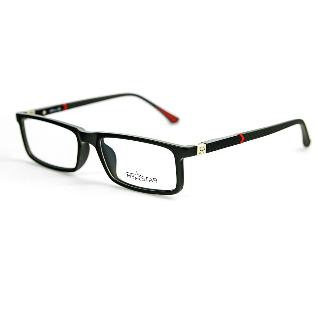 Black eyeglasses with red accents on a white background