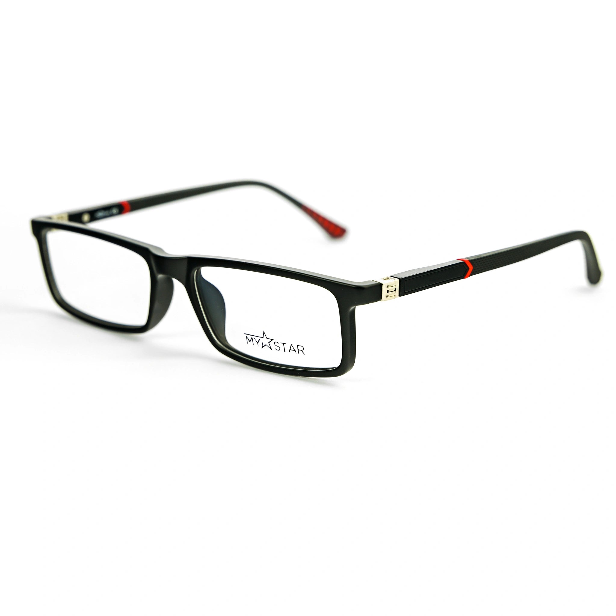 Black eyeglasses with red accents on a white background
